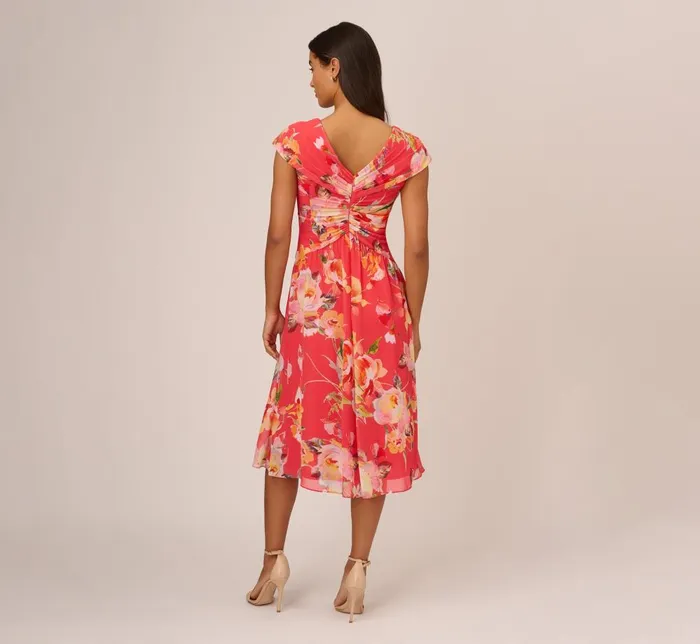Adrianna Papell Day Dresses Floral Print Midi Dress With Twist Neckline In Coral Multi 8211 Women