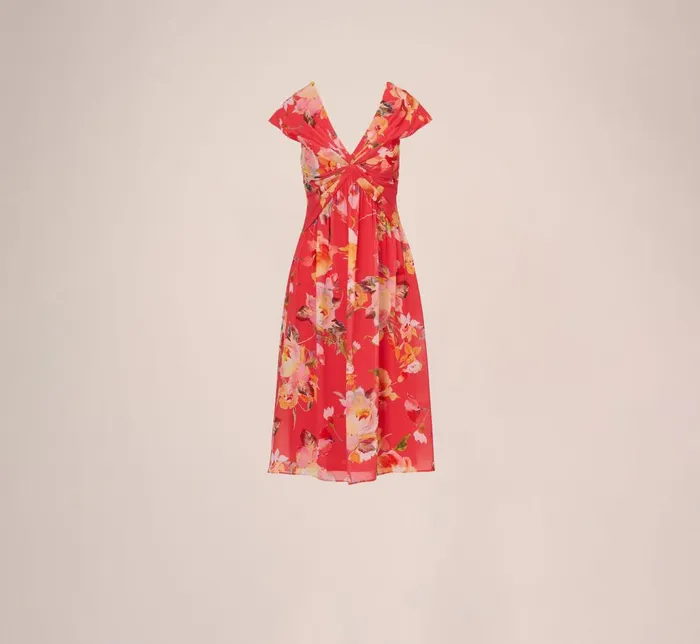 Adrianna Papell Day Dresses Floral Print Midi Dress With Twist Neckline In Coral Multi 8211 Women