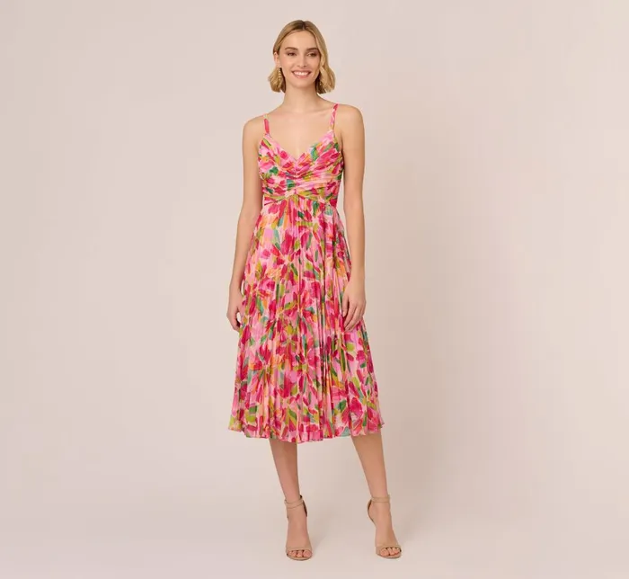 Adrianna Papell Day Dresses Floral Print Pleated Chiffon Midi Dress In Pink Green Multi 8211 Women Adrianna Papell Day Dresses Floral Print Pleated Chiffon Midi Dress In Pink Green Multi 8211 Women