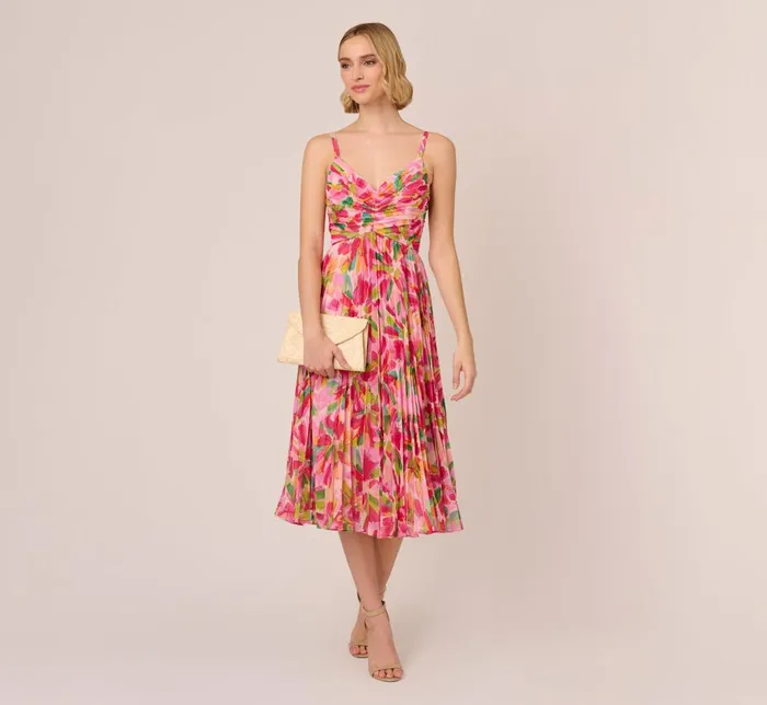 Adrianna Papell Day Dresses Floral Print Pleated Chiffon Midi Dress In Pink Green Multi 8211 Women