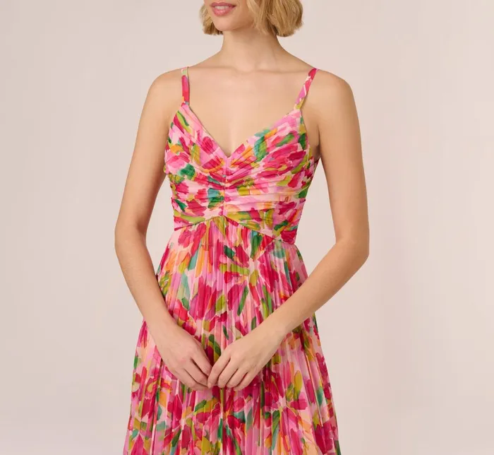 Adrianna Papell Day Dresses Floral Print Pleated Chiffon Midi Dress In Pink Green Multi 8211 Women