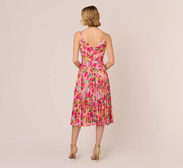 Adrianna Papell Day Dresses Floral Print Pleated Chiffon Midi Dress In Pink Green Multi 8211 Women