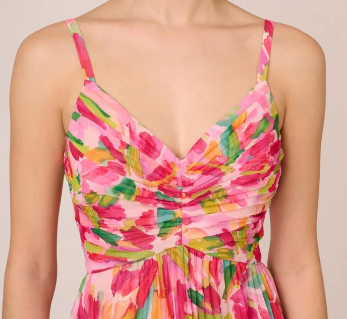 Adrianna Papell Day Dresses Floral Print Pleated Chiffon Midi Dress In Pink Green Multi 8211 Women