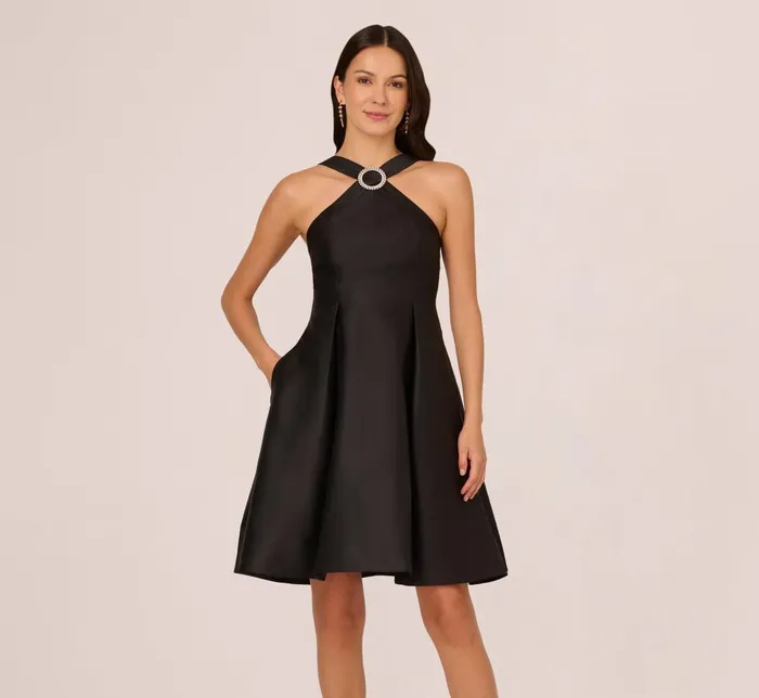 Adrianna Papell Day Dresses Halter Mikado Dress With Jeweled Ring Accent In Black 8211 Women