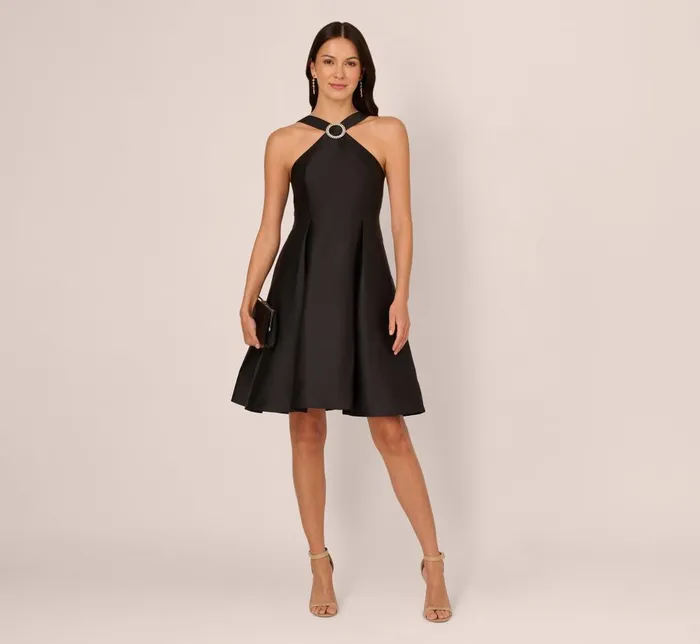 Adrianna Papell Day Dresses Halter Mikado Dress With Jeweled Ring Accent In Black 8211 Women