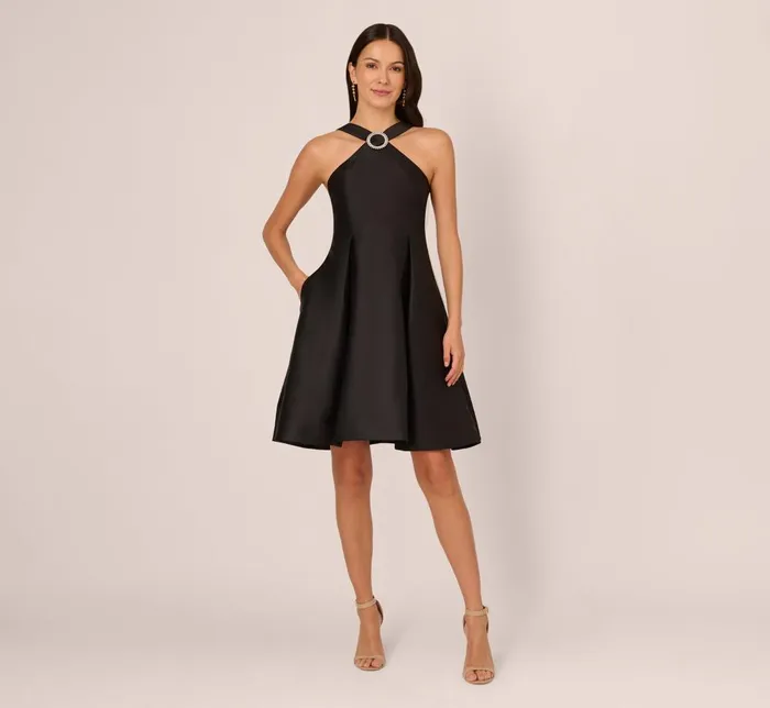 Adrianna Papell Day Dresses Halter Mikado Dress With Jeweled Ring Accent In Black 8211 Women