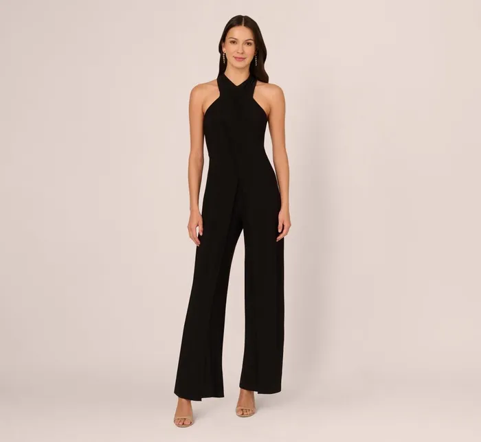 Adrianna Papell Day Dresses Jersey Halter Jumpsuit With Overlay Details In Black 8211 Women