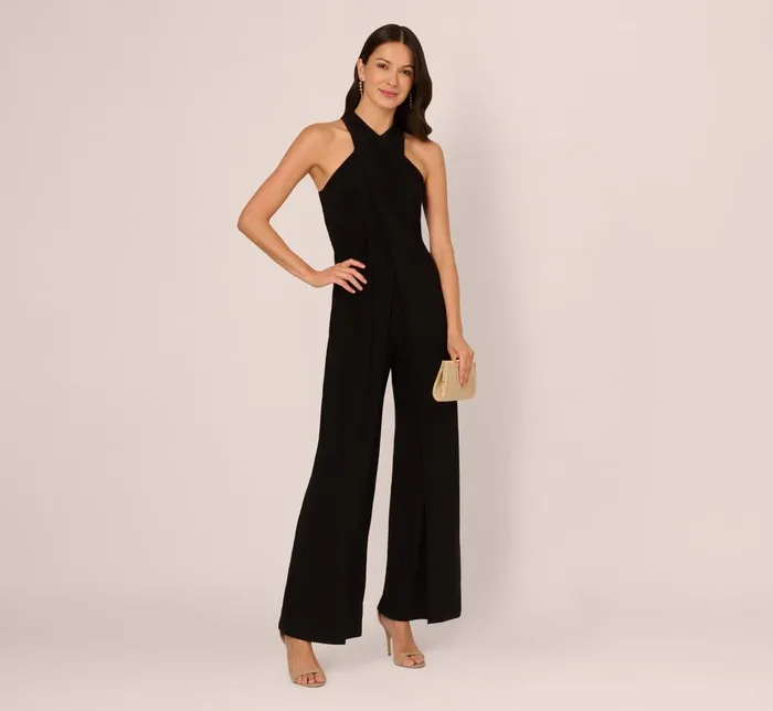 Adrianna Papell Day Dresses Jersey Halter Jumpsuit With Overlay Details In Black 8211 Women
