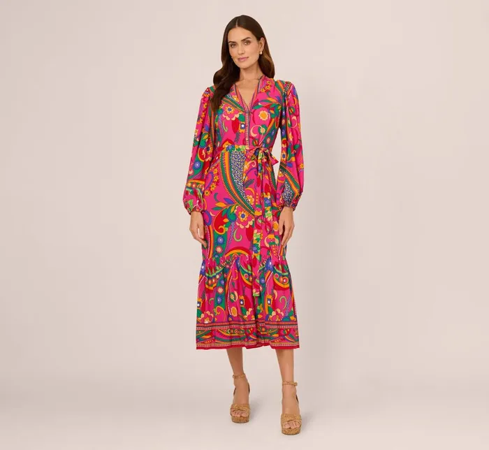 Adrianna Papell Day Dresses Long Sleeve Retro Printed Midi Dress In Pink Multi 8211 Women