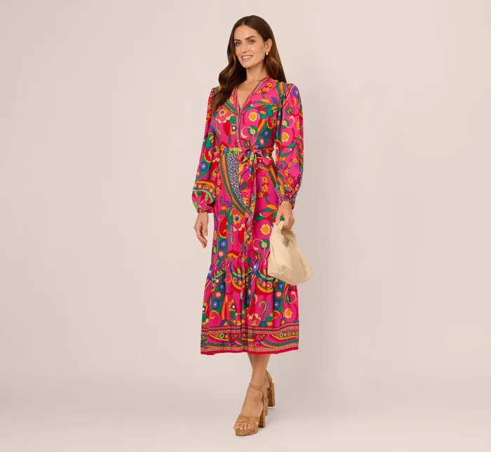 Adrianna Papell Day Dresses Long Sleeve Retro Printed Midi Dress In Pink Multi 8211 Women