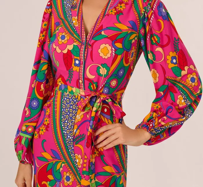 Adrianna Papell Day Dresses Long Sleeve Retro Printed Midi Dress In Pink Multi 8211 Women