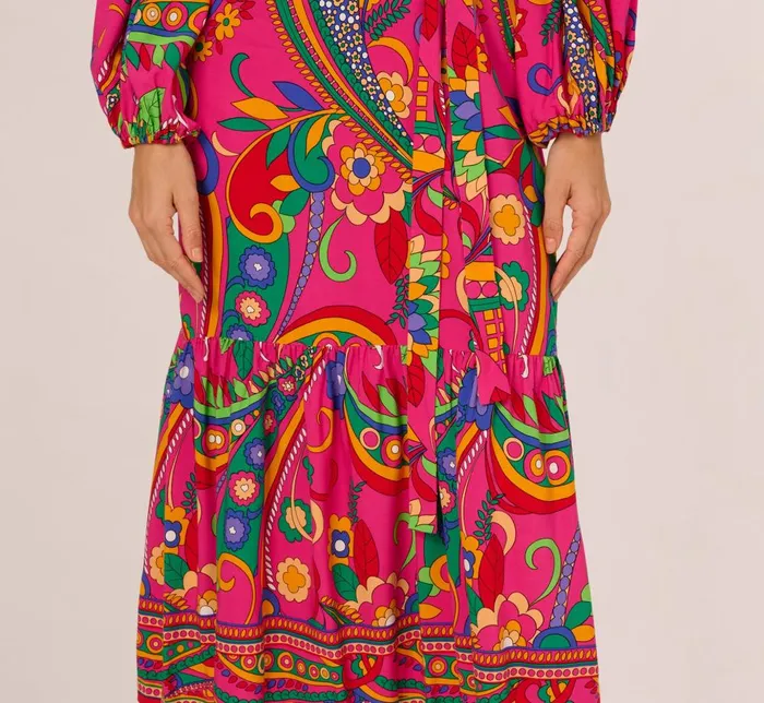 Adrianna Papell Day Dresses Long Sleeve Retro Printed Midi Dress In Pink Multi 8211 Women