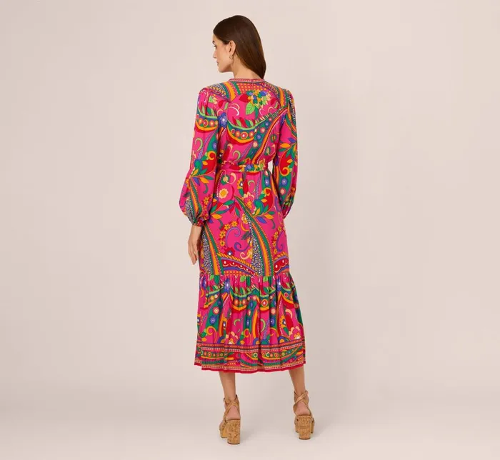 Adrianna Papell Day Dresses Long Sleeve Retro Printed Midi Dress In Pink Multi 8211 Women