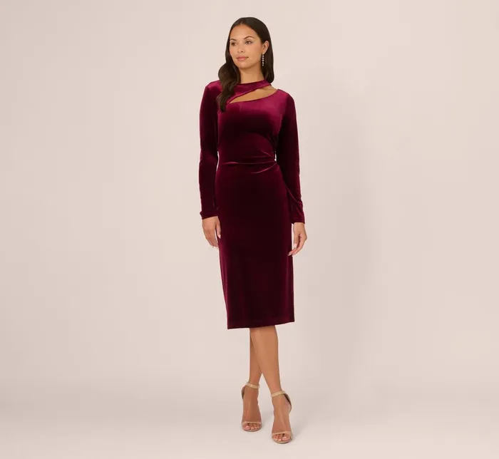 Adrianna Papell Day Dresses Long Sleeve Velvet Dress With Asymmetric Cutout Neckline In Burgundy 8211 Women