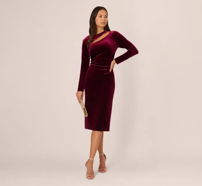 Adrianna Papell Day Dresses Long Sleeve Velvet Dress With Asymmetric Cutout Neckline In Burgundy 8211 Women