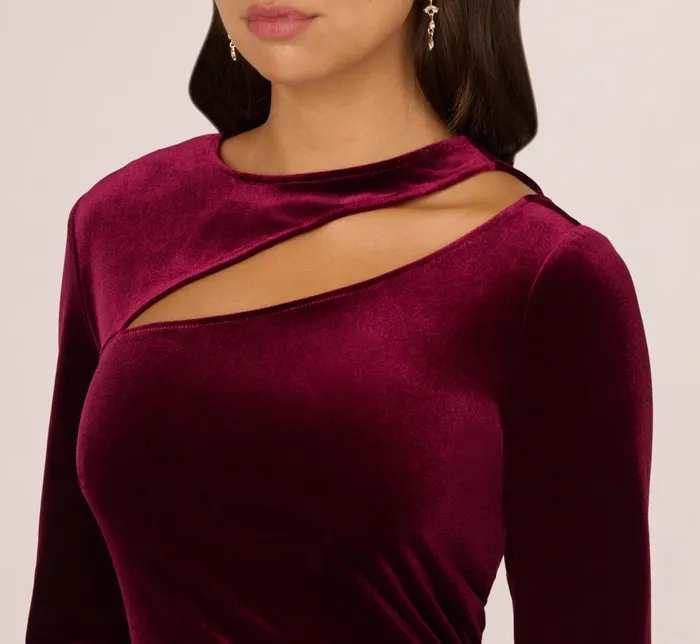 Adrianna Papell Day Dresses Long Sleeve Velvet Dress With Asymmetric Cutout Neckline In Burgundy 8211 Women