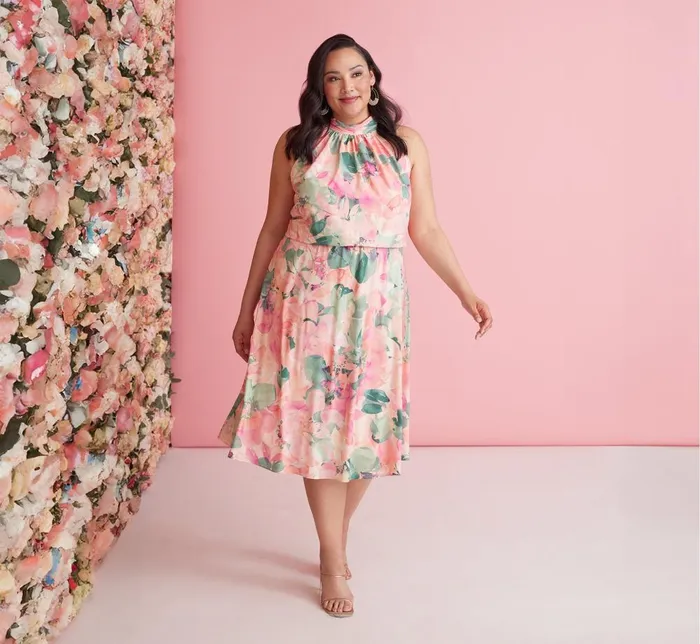 Adrianna Papell Day Dresses Plus Size Floral Print Chiffon Halter Dress With Mock Neck In Blush Multi 8211 Women Adrianna Papell Day Dresses Plus Size Floral Print Chiffon Halter Dress With Mock Neck In Blush Multi 8211 Women