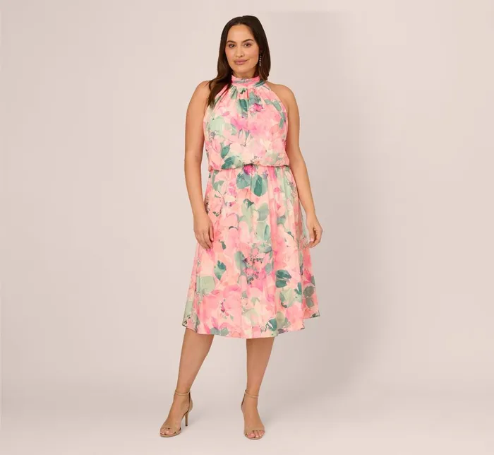 Adrianna Papell Day Dresses Plus Size Floral Print Chiffon Halter Dress With Mock Neck In Blush Multi 8211 Women