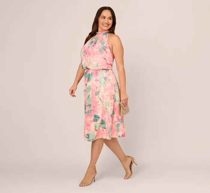 Adrianna Papell Day Dresses Plus Size Floral Print Chiffon Halter Dress With Mock Neck In Blush Multi 8211 Women