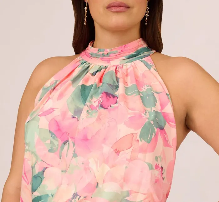 Adrianna Papell Day Dresses Plus Size Floral Print Chiffon Halter Dress With Mock Neck In Blush Multi 8211 Women