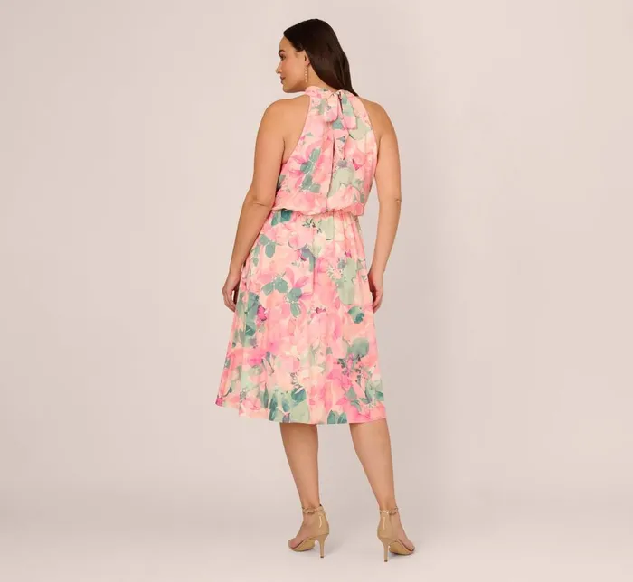 Adrianna Papell Day Dresses Plus Size Floral Print Chiffon Halter Dress With Mock Neck In Blush Multi 8211 Women