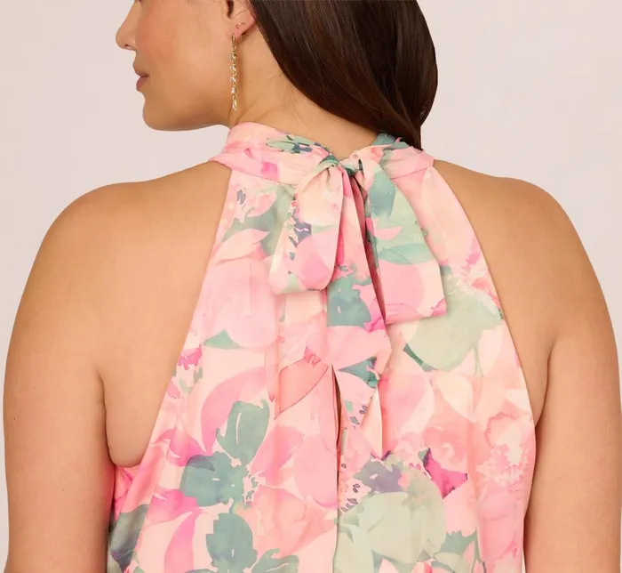 Adrianna Papell Day Dresses Plus Size Floral Print Chiffon Halter Dress With Mock Neck In Blush Multi 8211 Women