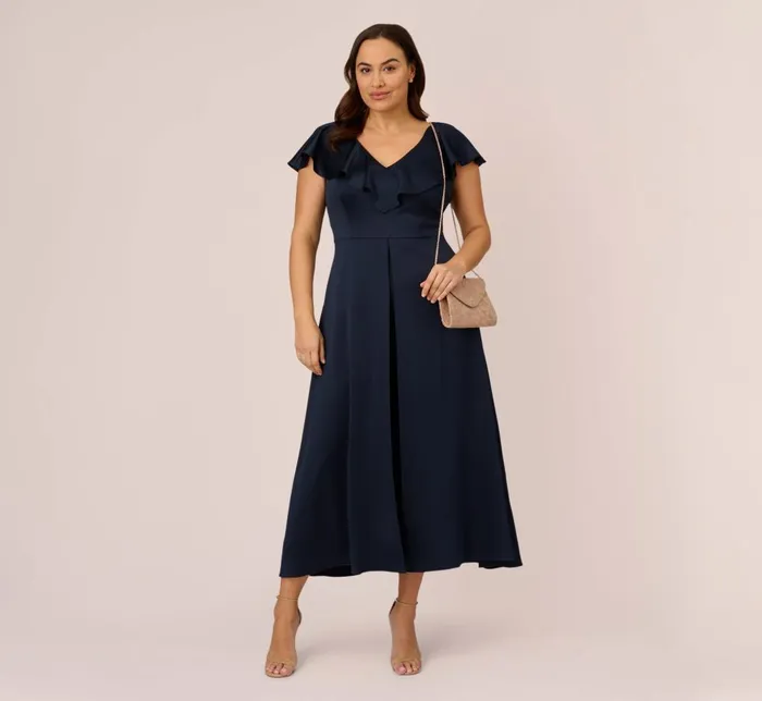 Adrianna Papell Day Dresses Plus Size Satin Crepe Ruffled Cropped Jumpsuit In Dark Navy 8211 Women