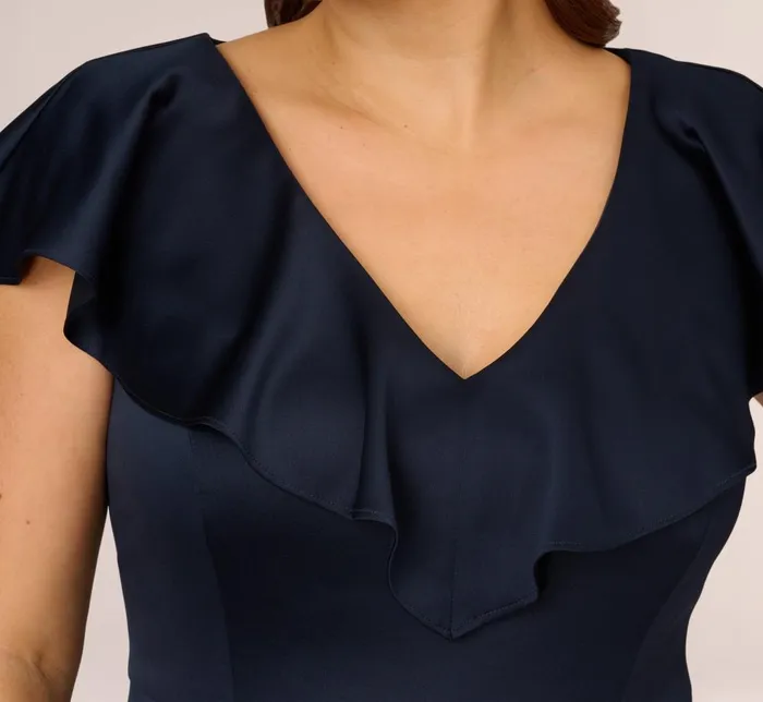 Adrianna Papell Day Dresses Plus Size Satin Crepe Ruffled Cropped Jumpsuit In Dark Navy 8211 Women