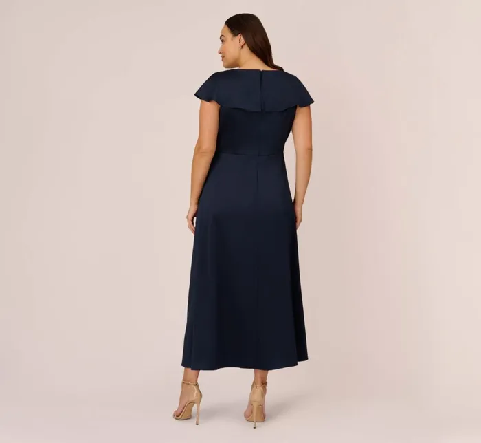 Adrianna Papell Day Dresses Plus Size Satin Crepe Ruffled Cropped Jumpsuit In Dark Navy 8211 Women