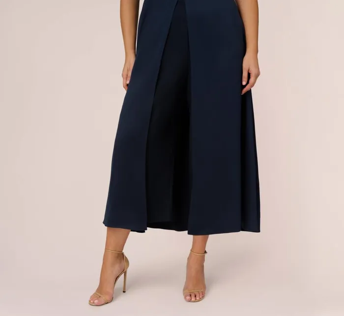 Adrianna Papell Day Dresses Plus Size Satin Crepe Ruffled Cropped Jumpsuit In Dark Navy 8211 Women