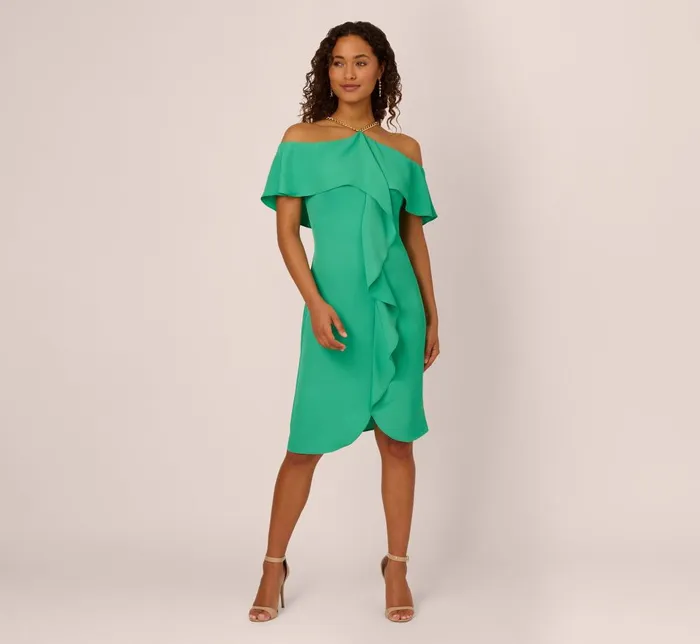 Adrianna Papell Day Dresses Ruffle Popover Midi Dress With Chain Halter Neckline In Flora Green 8211 Women Adrianna Papell Day Dresses Ruffle Popover Midi Dress With Chain Halter Neckline In Flora Green 8211 Women