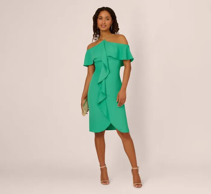 Adrianna Papell Day Dresses Ruffle Popover Midi Dress With Chain Halter Neckline In Flora Green 8211 Women