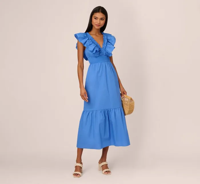 Adrianna Papell Day Dresses Ruffled Maxi Dress With Shirred Details In Cool Water 8211 Women