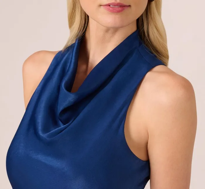 Adrianna Papell Day Dresses Satin Sleeveless Asymmetric Dress With Draped Neckline In Navy 8211 Women