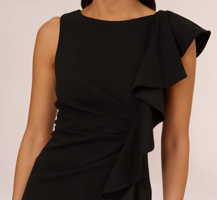 Adrianna Papell Day Dresses Sleeveless Crepe Sheath Midi Dress With Ruffle Accent In Black 8211 Women