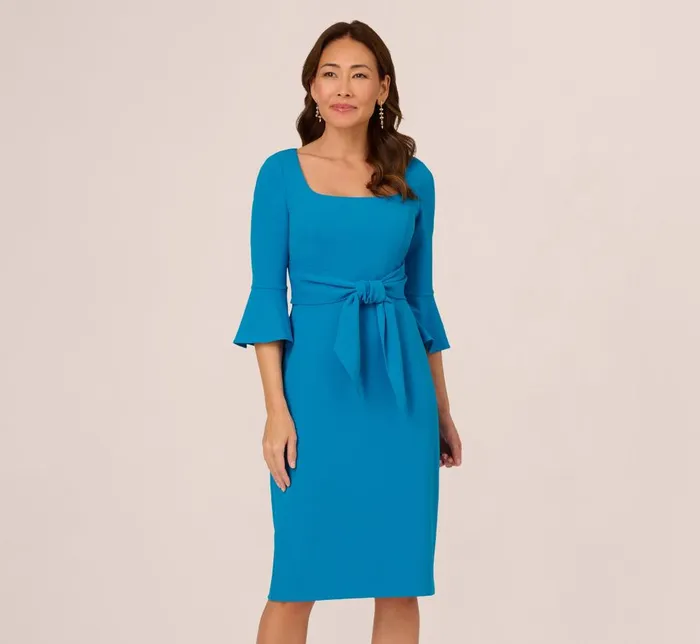 Adrianna Papell Day Dresses Stretch Knit Crepe TieFront MidiLength Sheath Dress In Deep Cerulean 8211 Women Adrianna Papell Day Dresses Stretch Knit Crepe TieFront MidiLength Sheath Dress In Deep Cerulean 8211 Women