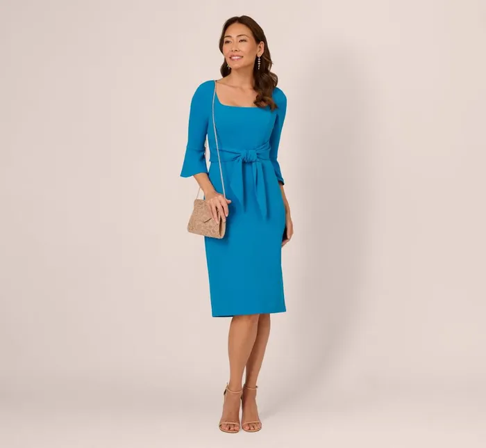 Adrianna Papell Day Dresses Stretch Knit Crepe TieFront MidiLength Sheath Dress In Deep Cerulean 8211 Women