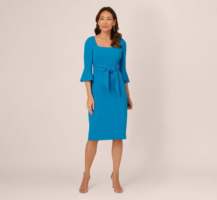 Adrianna Papell Day Dresses Stretch Knit Crepe TieFront MidiLength Sheath Dress In Deep Cerulean 8211 Women