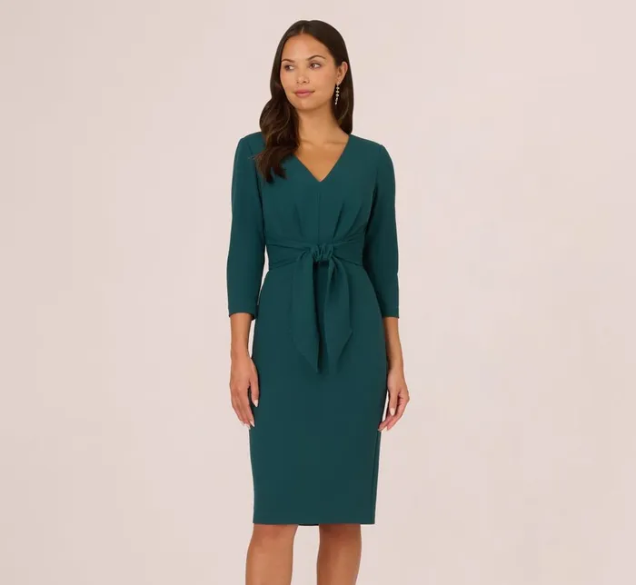 Adrianna Papell Day Dresses Three Quarter Sleeve Pleated Midi Dress With Tie Waist In Hunter 8211 Women
