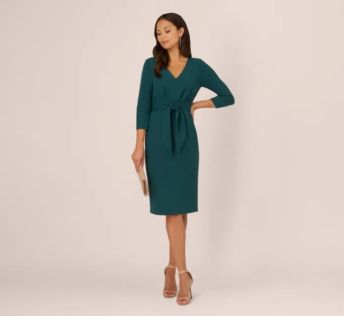 Adrianna Papell Day Dresses Three Quarter Sleeve Pleated Midi Dress With Tie Waist In Hunter 8211 Women