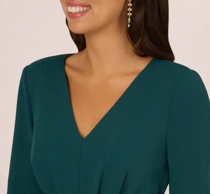 Adrianna Papell Day Dresses Three Quarter Sleeve Pleated Midi Dress With Tie Waist In Hunter 8211 Women