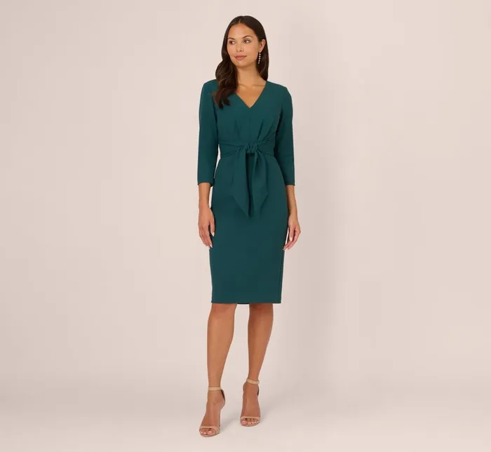 Adrianna Papell Day Dresses Three Quarter Sleeve Pleated Midi Dress With Tie Waist In Hunter 8211 Women