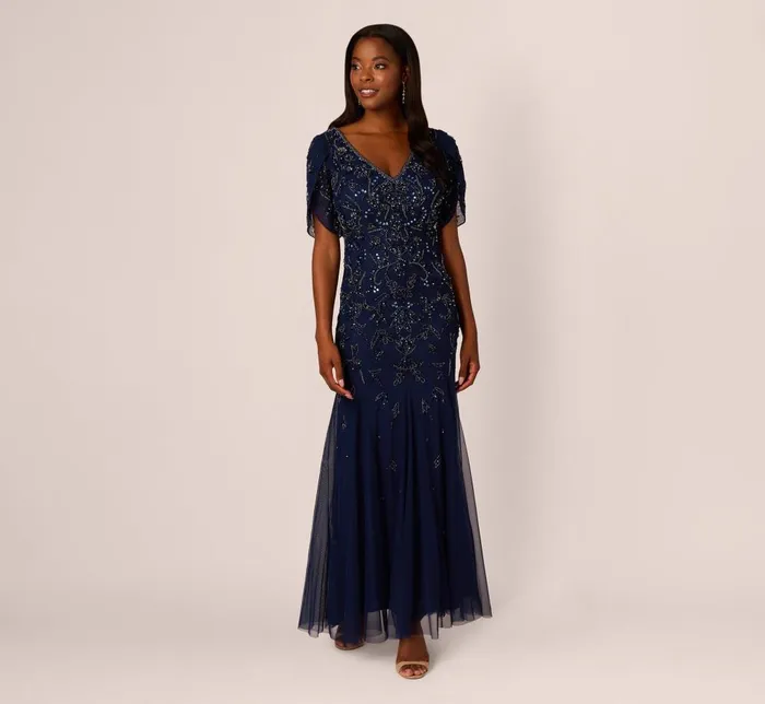 Adrianna Papell Formal Dresses Beaded Mermaid Gown With Sheer Petal Sleeves In Light Navy 8211 Women Adrianna Papell Formal Dresses Beaded Mermaid Gown With Sheer Petal Sleeves In Light Navy 8211 Women
