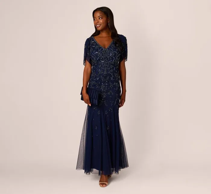 Adrianna Papell Formal Dresses Beaded Mermaid Gown With Sheer Petal Sleeves In Light Navy 8211 Women