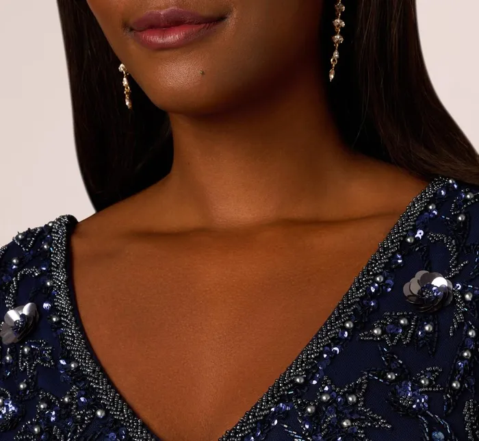 Adrianna Papell Formal Dresses Beaded Mermaid Gown With Sheer Petal Sleeves In Light Navy 8211 Women