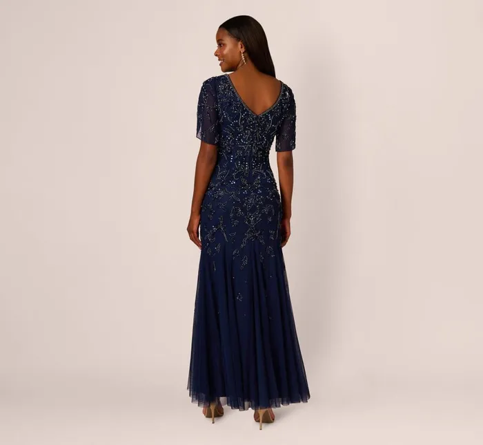 Adrianna Papell Formal Dresses Beaded Mermaid Gown With Sheer Petal Sleeves In Light Navy 8211 Women
