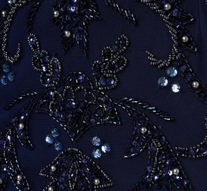 Adrianna Papell Formal Dresses Beaded Mermaid Gown With Sheer Petal Sleeves In Light Navy 8211 Women