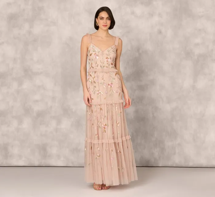 Adrianna Papell Formal Dresses Floral Beaded Tiered Gown With Ruffle Details In Pink Multi 8211 Women Adrianna Papell Formal Dresses Floral Beaded Tiered Gown With Ruffle Details In Pink Multi 8211 Women