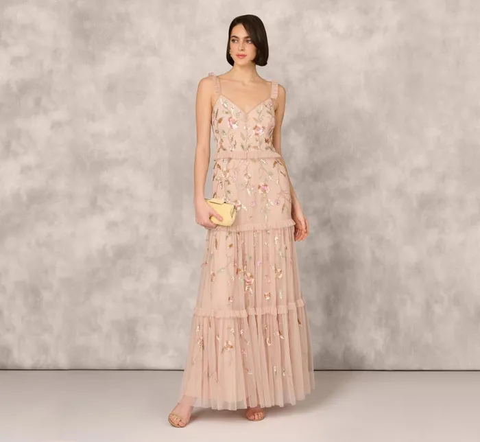Adrianna Papell Formal Dresses Floral Beaded Tiered Gown With Ruffle Details In Pink Multi 8211 Women