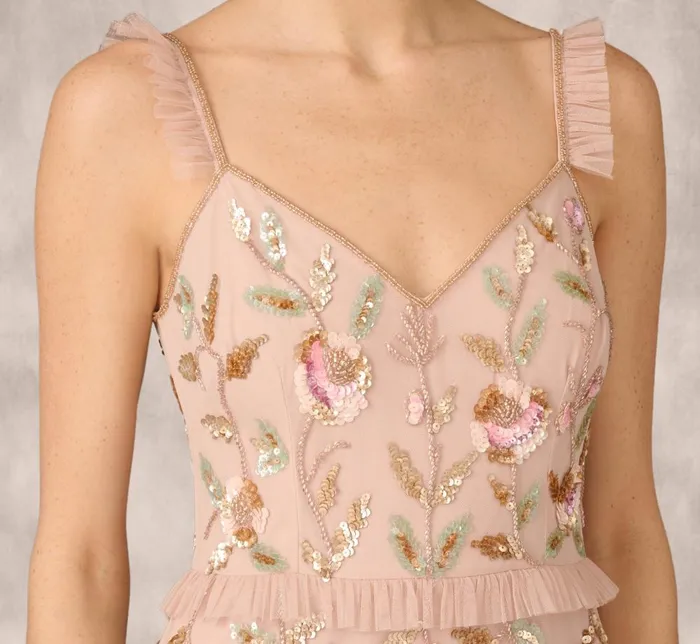 Adrianna Papell Formal Dresses Floral Beaded Tiered Gown With Ruffle Details In Pink Multi 8211 Women
